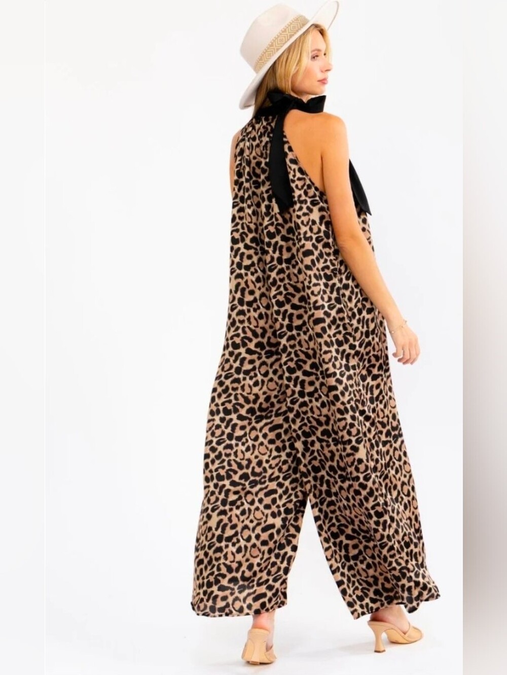 Leopard Print Halter Wide-Leg Jumpsuit - Black & Tan - Picture 3 of 3
